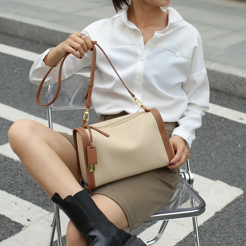 

2022 Summer New Pillow Bag High Sense Niche Contrast Color Single Shoulder Messenger Bag Cow Leather Women's Bag