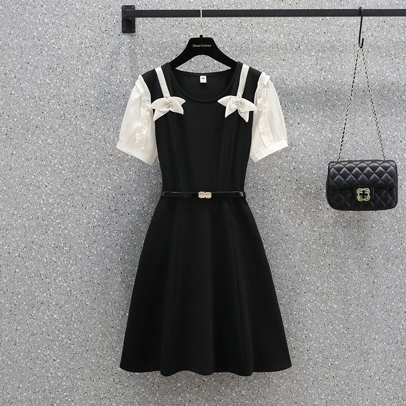 

Женское винтажное платье средней длины, элегантное офисное платье во французском стиле составного кроя с коротким рукавом и высокой талией...