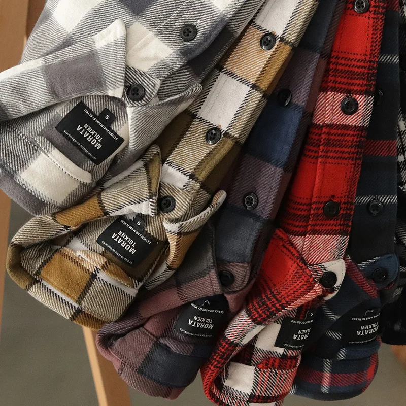 Autumn Winter New American Retro Heavyweight Flannel Plaid Shirt Men's Pure Cotton Washed Thickened Casual Cargo Blouses Coat
