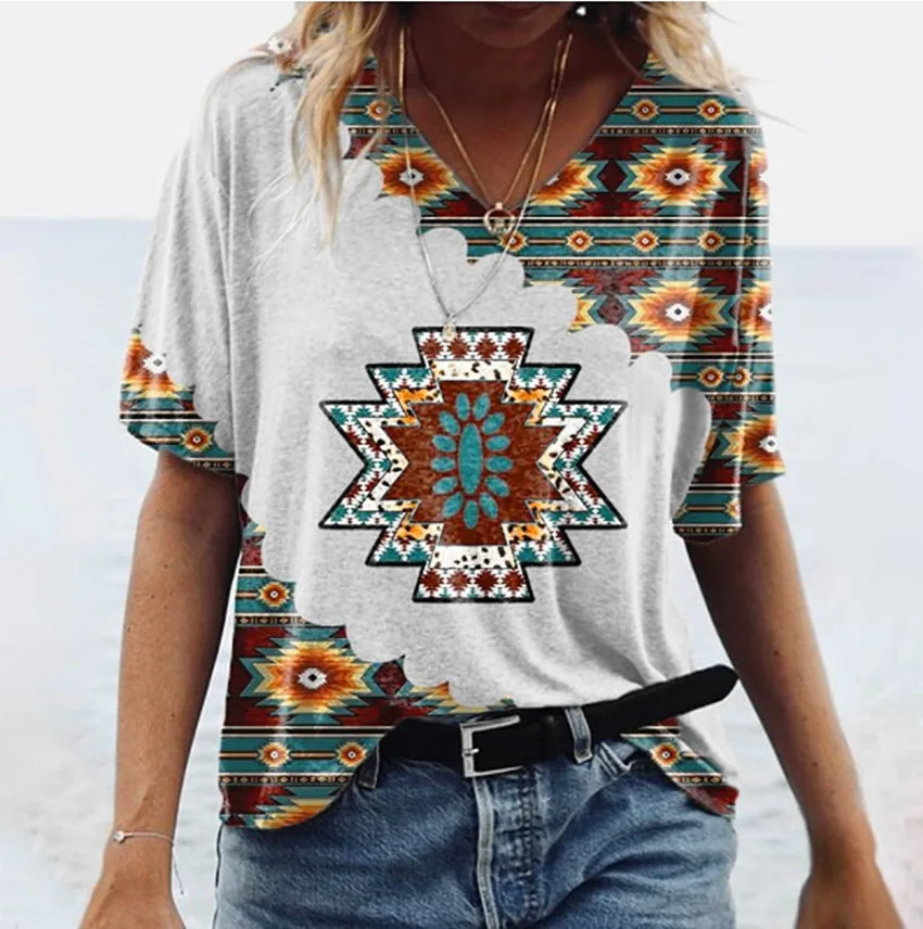 New Retro Print Family Geometric Figure V-neck Short-sleeved T-shirt Top Graphic T Shirts  Y2k Clothes