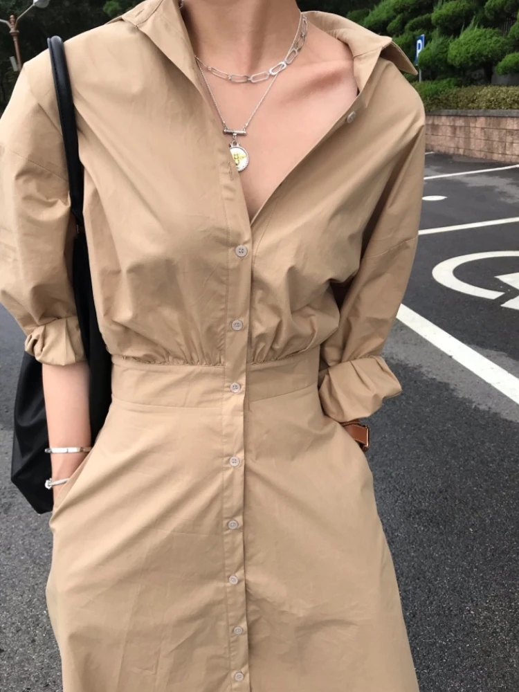 

Женское весеннее модное платье-рубашка с длинным рукавом, Элегантное повседневное однотонное платье-трапеция миди, женская уличная одежда,...