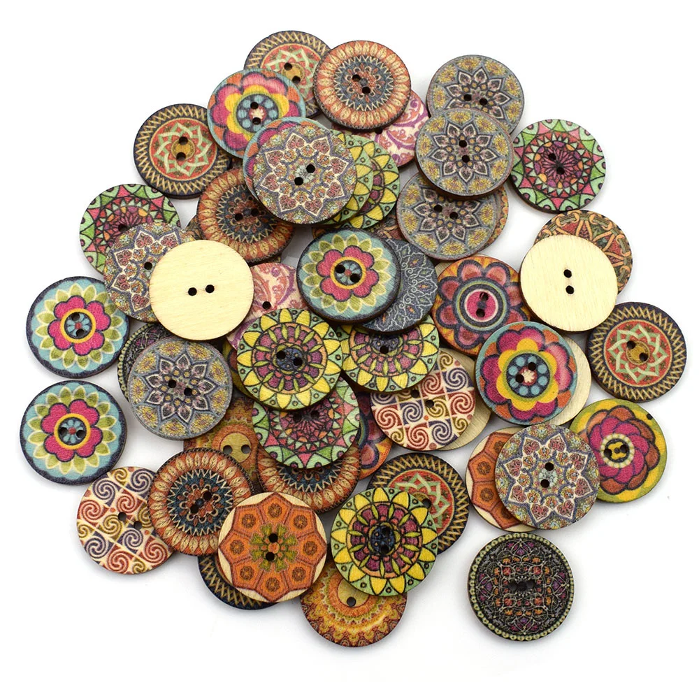 

50PCS 15/20/25mm Natural Retro Multi-Pattern Printing Wooden Round Buttons for Clothing Scrapbook Diy Home Sewing Accessories