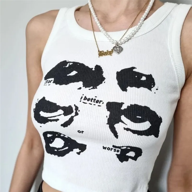 Женский винтажный топ в рубчик белый укороченный с графическим принтом