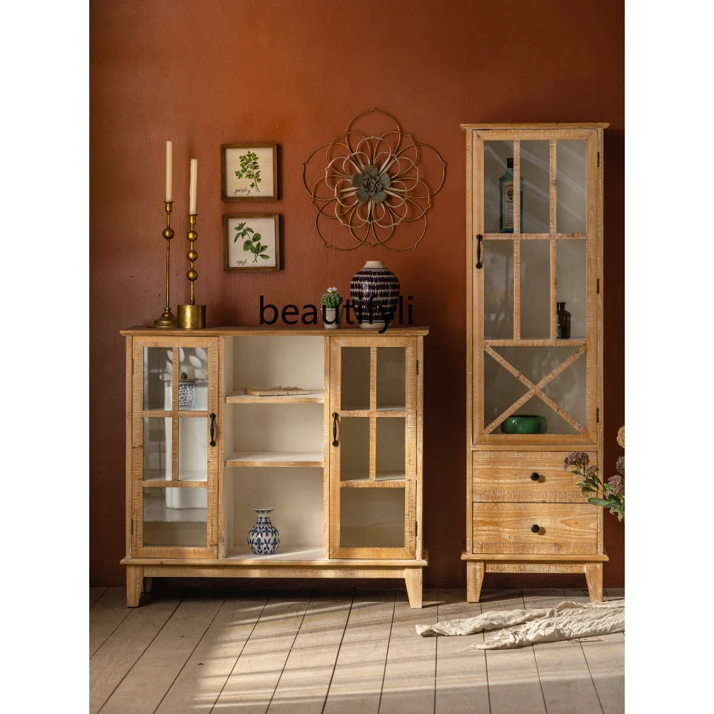 

yj Qiji Style Retro Distressed Sideboard Cabinet Entrance Storage Cabinet High Cabinet Integrated Wall Display Cabinet