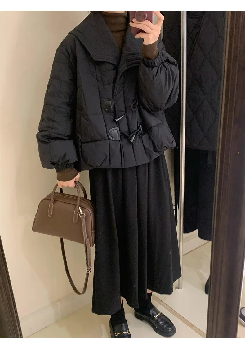 New Horn Button Down Jacket Women's Winter Lapel Thin Cotton Jacket Solid Color Sweet Thick White Eiderdown Warm Short Coat