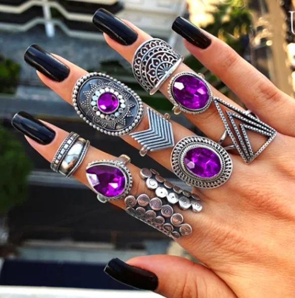 

NEW 2022 Vintage Water Drop Set With Diamond Purple Gemstone Geometric Triangle 9 Piece Set Ring