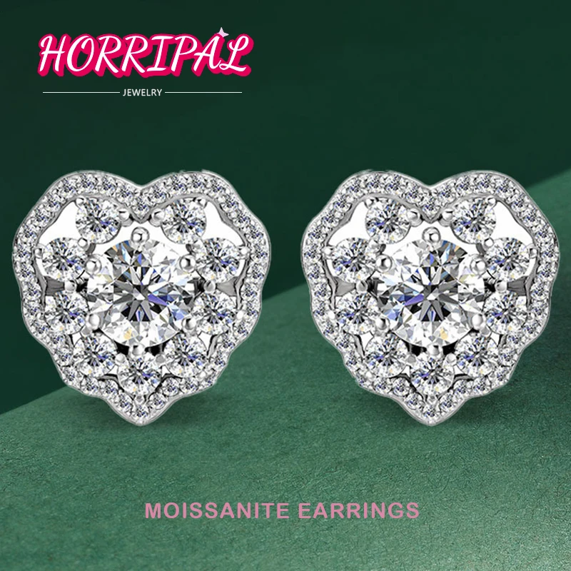 

HORRIPAL DVVS1 Round Moissanite Earrings Heart Shape S925 Silver 18k Platinum Plated Bright Ear Stud Gift to Women GRA Certified