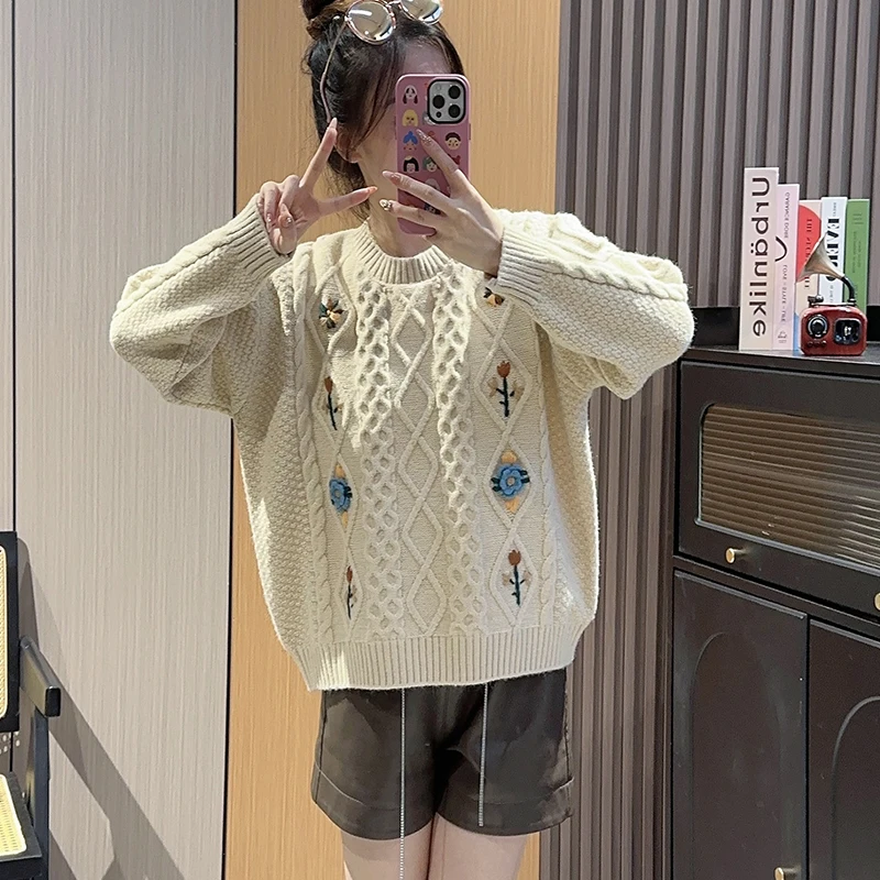 

Hsa 2023 Vintage Twist Embroidery Floral Sweater Women Pullover O-neck Long Sleeve Knitted Tops Female Jumper Solid Fall Knitted