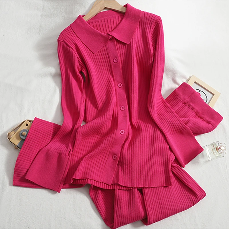 

Women Turn-Down Collar Cardigan Sweater Ribbed Knitted Jumper Suits + Wide Leg Pants 2/Two Pieces Spring Sets