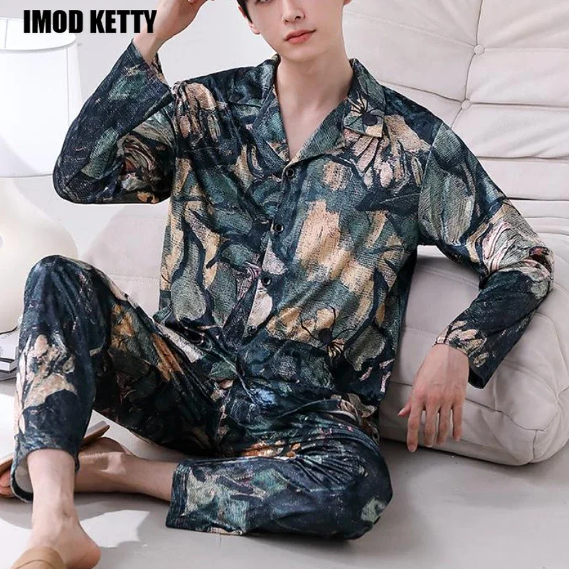 

Pajamas for Men 2023 New Home Wear Spring Autumn Pijamas Printing Casual Soft Men Nightwear Long Sleeve Satin Silk Pajamas Set