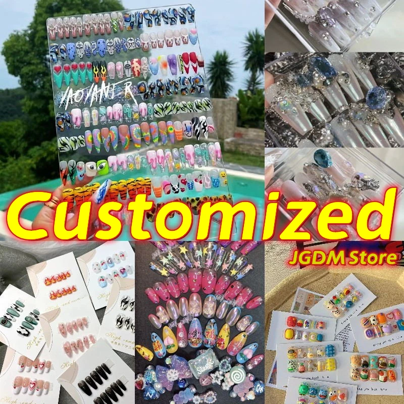 

Private Custom False Nails With Designs Hand Painted Anime Kawaii 3d Fake Nails Press On Y2k Rhinestones Finger Nails With Glue