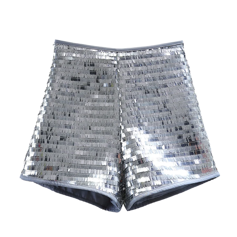 Summer Black Sequins Shorts Women 2023 High Waist Slimming Silver Sequined A- Line Wide-Legged Shorts Y2K