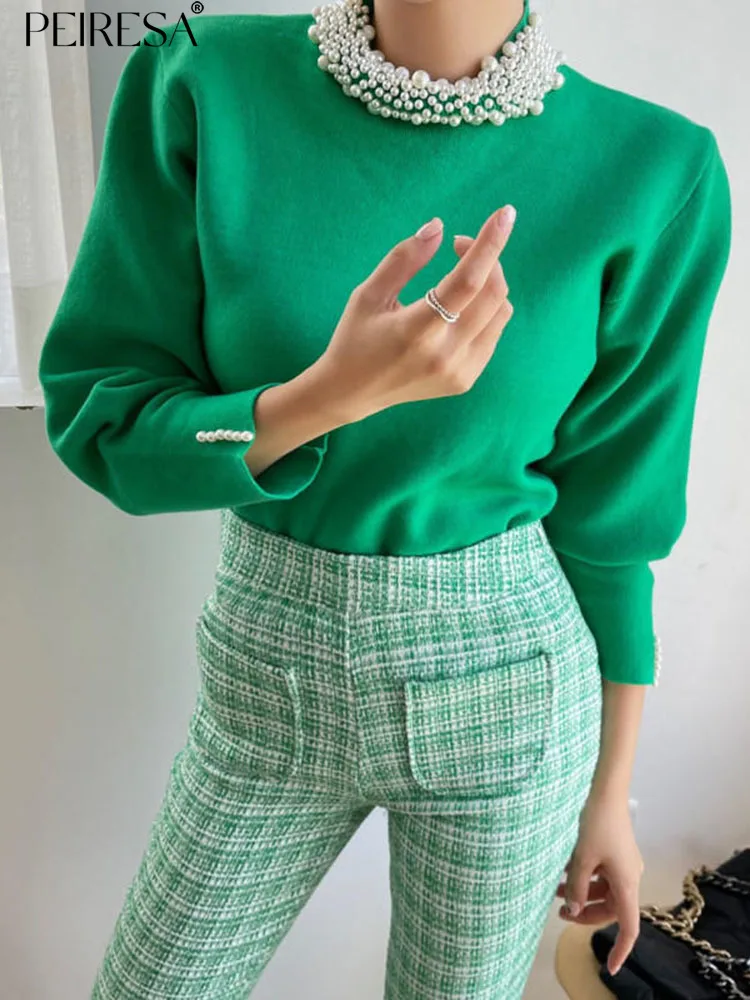 

PEIRESA 2023 Autumn Winter Pearl Beading Pullovers Sweaters Women New Fashion Solid Half High Collar Wrist Sleeve Tops Knitwears