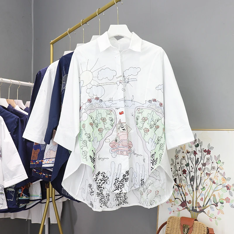 

VANOVICH Indie Folk Vintage Embroidered Shirt Summer New Loose Three-quarter Sleeve Mid-length Irregular Fashion Casual Shirt