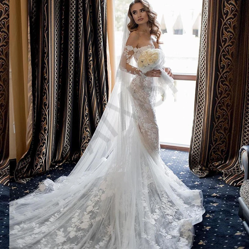 Fashion Wedding Dress Appliques Tulle Vestidos De Novia Luxury Bridal Gowns O Neck Full Sleeve A-Line Formal Robe De Mariee tea length wedding dress