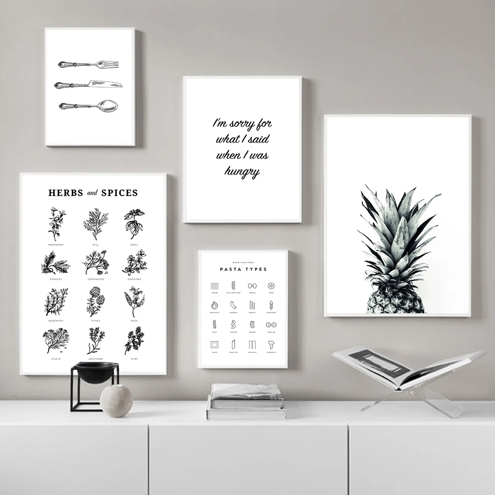

Винтажный ботанический постер с принтом трав и специй, таблица пасты, черно-белый ананас, Настенная картина, Картина на холсте, кухонный Дек...