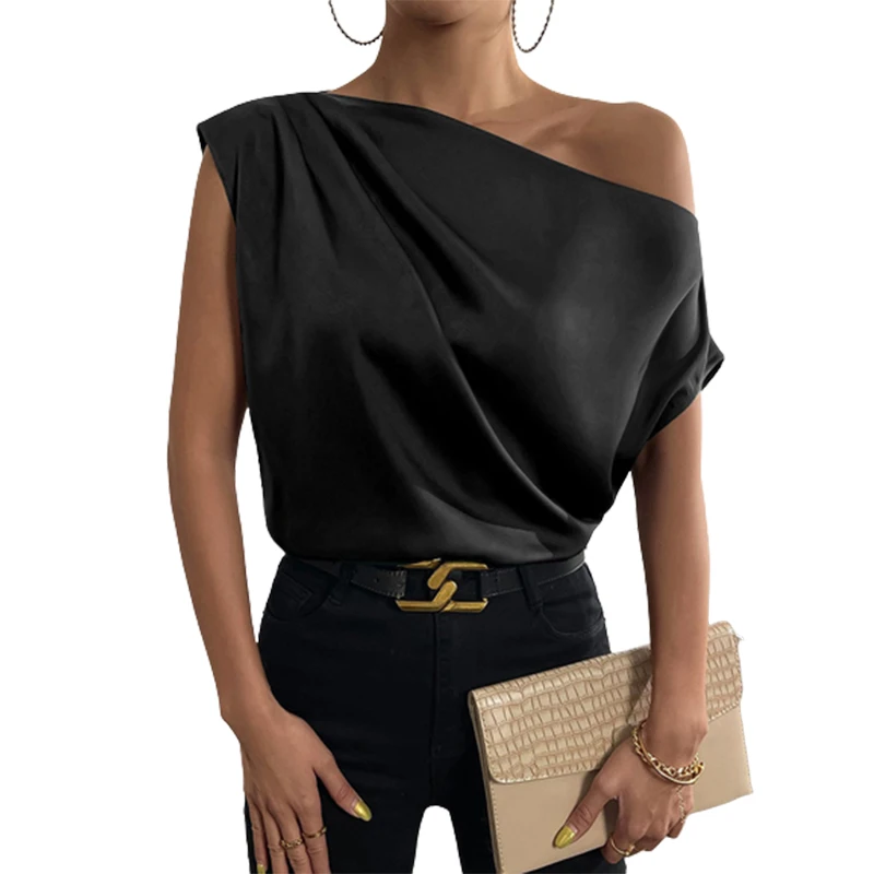 

Yeezzi 2023 Summer New Female Fashion Asymmetric Solid Color One-Shoulder T-Shirts Daily Causal Office Work Tops For Women