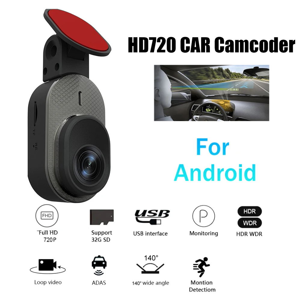Car Dash Cam USB Powered 720P HD Car Driving Recorder Android Stereo ADAS Night Vision Loop Recording Auto Dashboard Camera