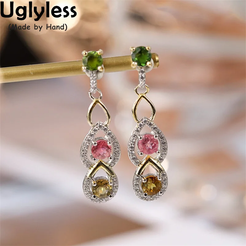 

Uglyless Multi Rainbow Colors Hollow Water Drop Tassels Tourmaline Earrings Women Sparkly Party Dress Zircons Bincos 925 Silver