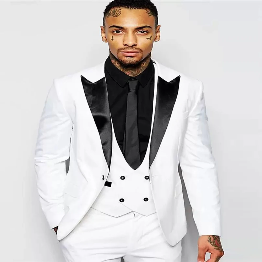 White Fashion Wedding Party Business Casual Slim Fit Suit For Men Peak Lapel 3 Piece （Blazer + Vest + Pants）Costume Homme