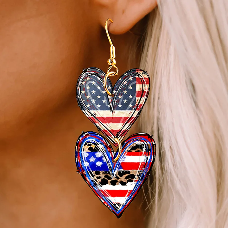 

July 4th Heart Patriot Post Earrings Heart Linked Usa Drop Dangle Earring for Women Patriotic Red Blue Leopard Print Love Jewelr