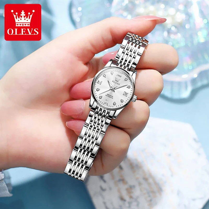 OLEVS 2023 New Casual Fashion Women Mechanical Watches Simple Calendar Display Clock 30M Waterproof Steel Band Luminous 6673 enlarge