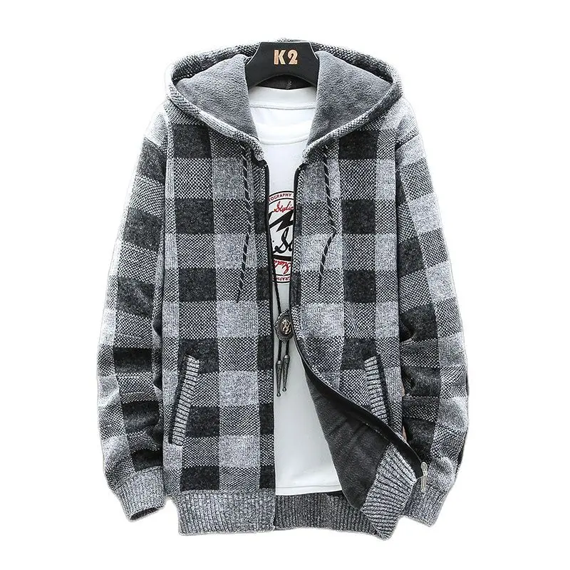

Autumn and Winter Korean Style Men Plaid Cardigan Sweaters Men's Casual Hooded Sweater Coat Zipper Knitted Jacket Male 8836