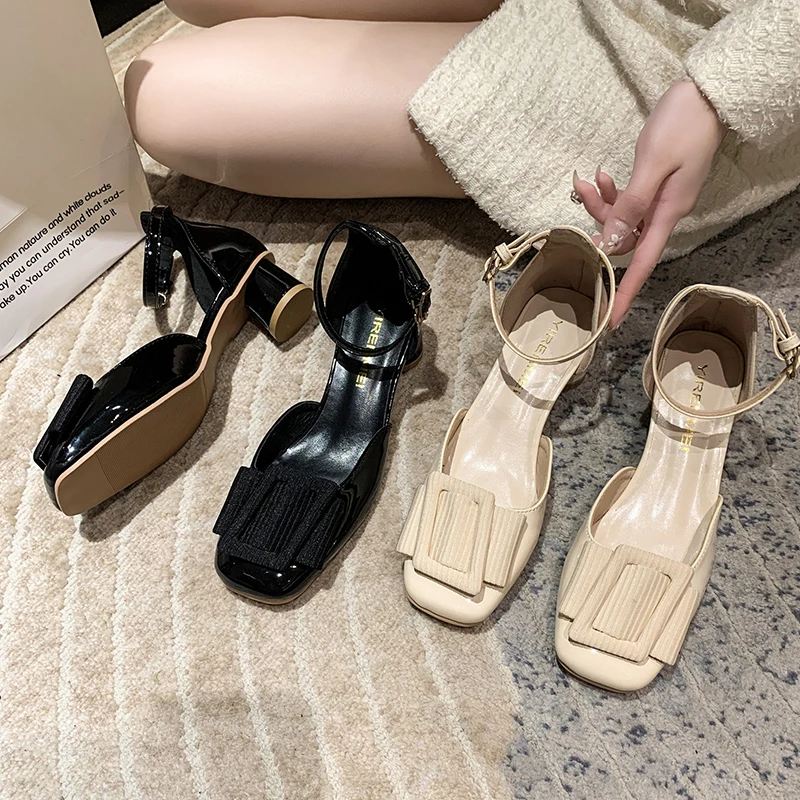 2023 Elegant Woman Shoes With Medium Heels Pumps Sandals Fashion Female Square Toe Buckle Strap Shallow Ladies Heeled Shoes