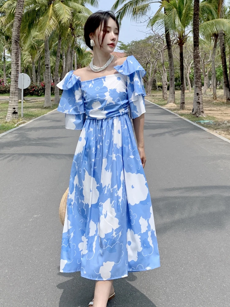 

Elegant Women Dress Chic Sweet Casual Folds Square Collar Floral Ruffle Sleeve Midi Club Beach Robe Femme Mujer Vestidos Summer