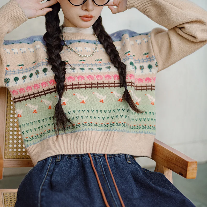 Винтажный свитер Maden с животными универсальный пуловер круглым вырезом для