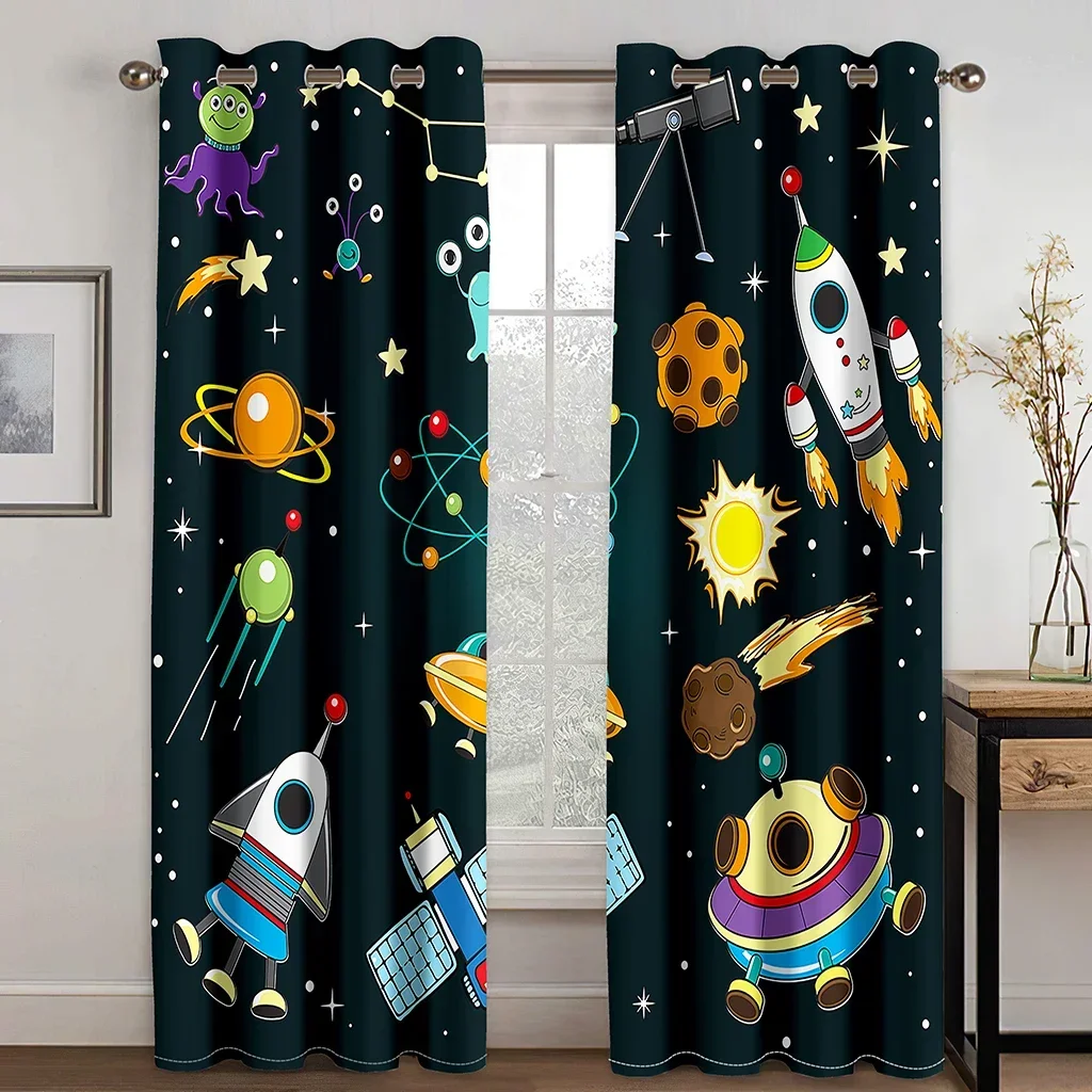 

3D Kid Cartoon Astronauts in Space Star the Universe Children's 2 Pieces Shading Window Curtain for Living Room Bedroom Decor