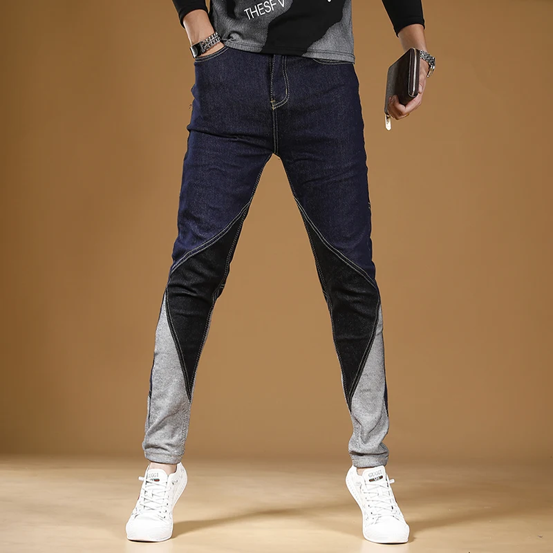 

Autumn Men's Blue Patchwork Jeans Casual Slim Fit Pencil Pants Streetwear Fashion Denim Trousers CP2068