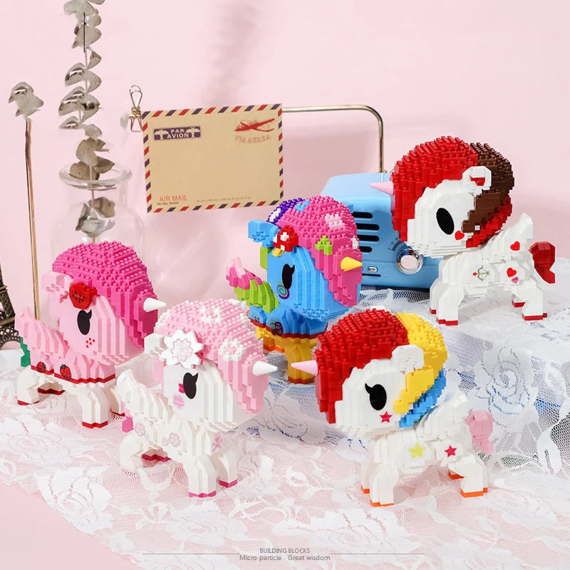 

8 Styles Sakura Crown Unicorn Building Blocks Cartoon Pony Mini Micro Bricks Cute Horse Figure Assembled Toys For Kids Birthday