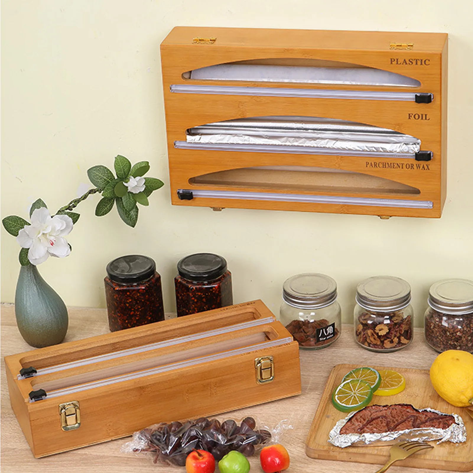 

100 Bamboo Foil Dispenser Foil And Cling Film Wrap Organizer With Sliding Cutter Cling Film Dispenser Cling Film Cutter For