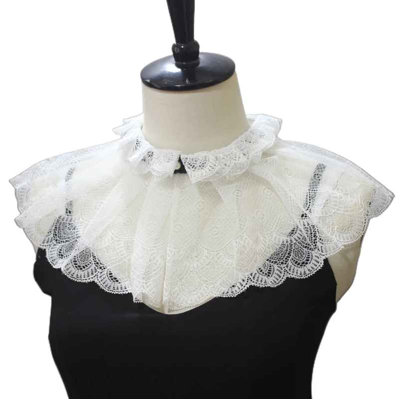 

Women Feather Lace Large Shawl Double Layer Lapel Ruffled Fake Collar Dickey Scalloped Trim Pearl Button Capelet