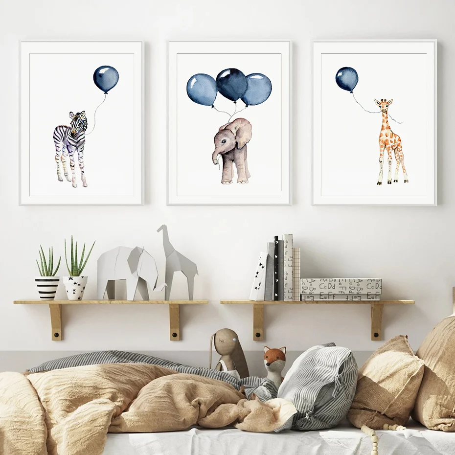 

Nordic Cartoon Baby Animals Canvas Paintings Nursery Blue Balloon Art Poster Zebra Elephant Print Wall Pictures Kids Room Decor
