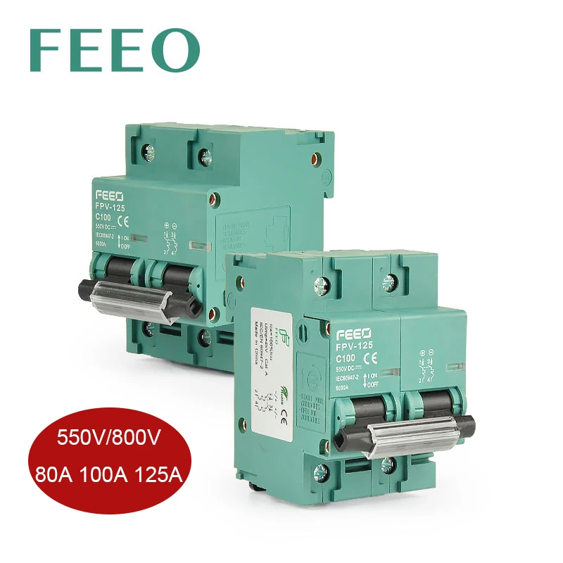 FEEO-minidisyuntor de energía Solar, interruptor de circuito fotovoltaico de 2P DC 550V/800V, 80A 100A 125A DC MCB para sistema PV