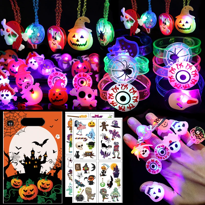 

60pcs Halloween Toy Gifts Kids Glow Bracelets Rings Flash Necklace Stickers Halloween Party Favors Trick or Treat Bags