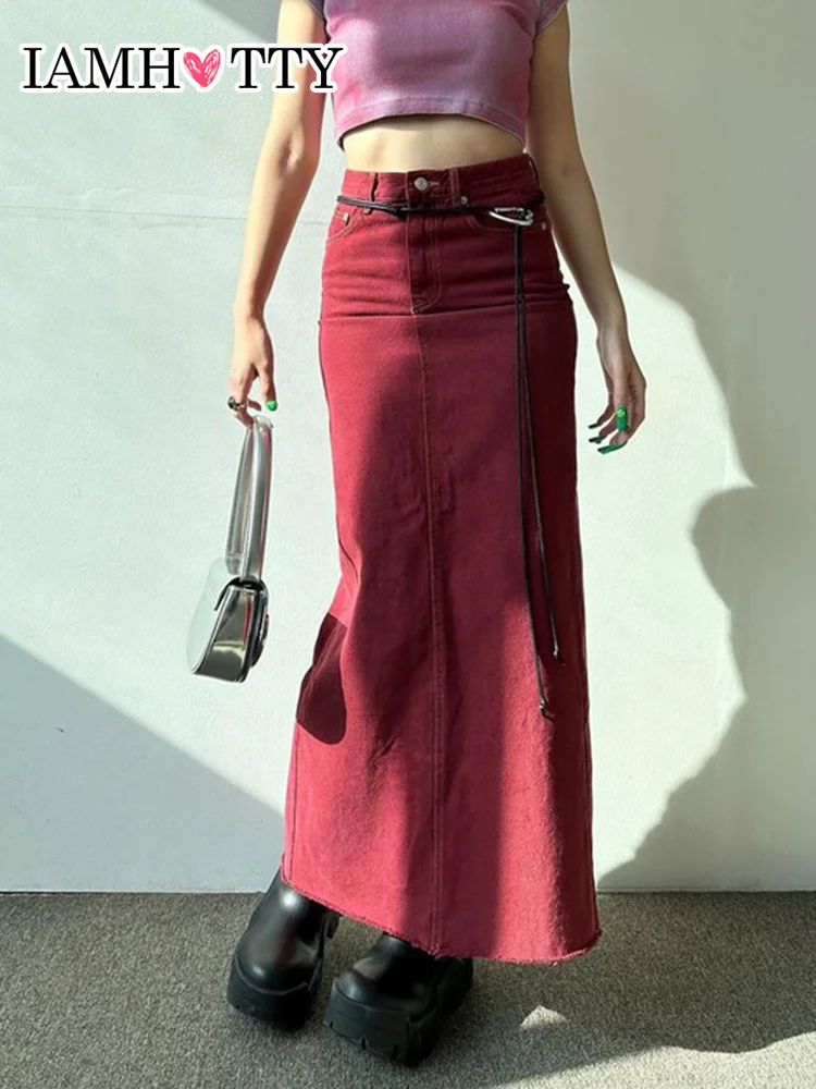 

IAMHOTTY y2k Straight Long Denim Skirt Red High Waist Streetwear Korean Casual Elegant Maxi Back Slit Cargo Skirts Aesthetic