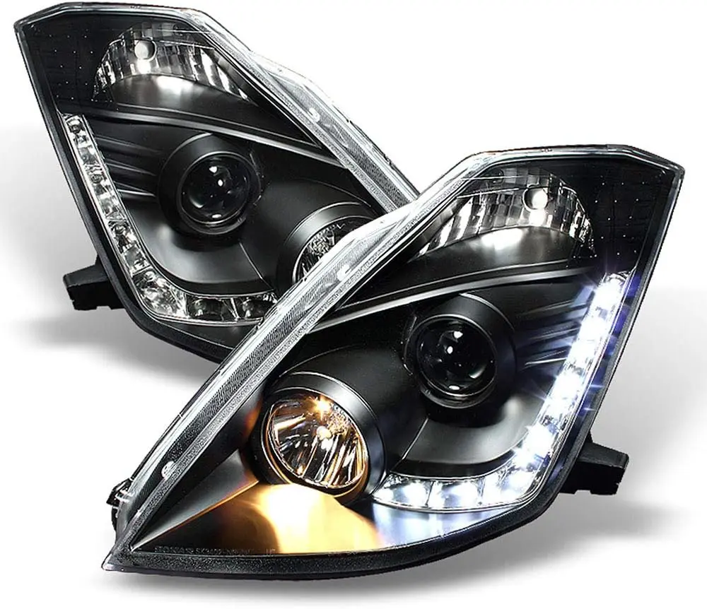 LED Strip Projector Headlights Black Compatible with 2003-2007 Infiniti G35 Coupe Left + Right Pair Headlamps Assembly
