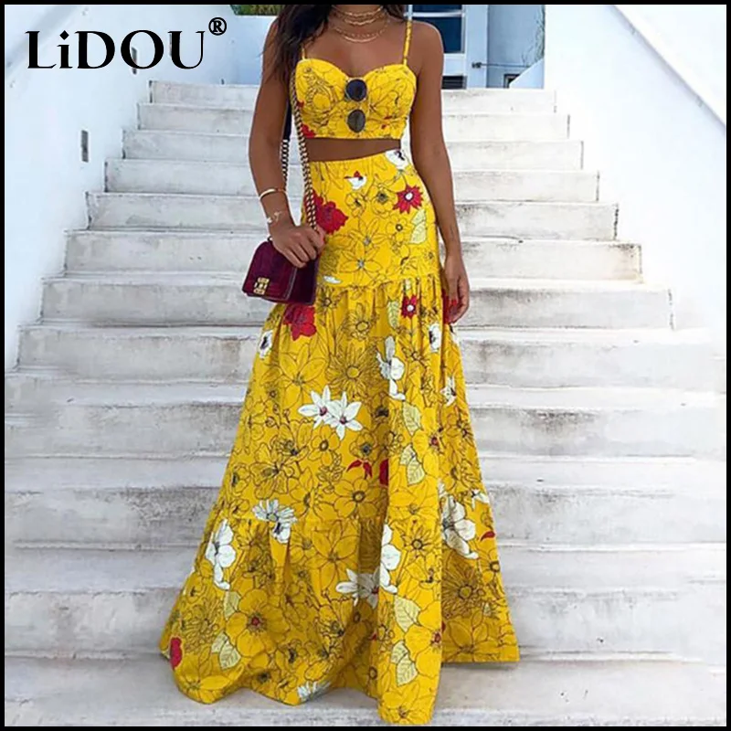 

Summer Women Dress Beach Style Elegant Sexy Slim Two Piece Set Off Shoulder Floral Print Slip Crop Tops Long A-line Skirt Suit