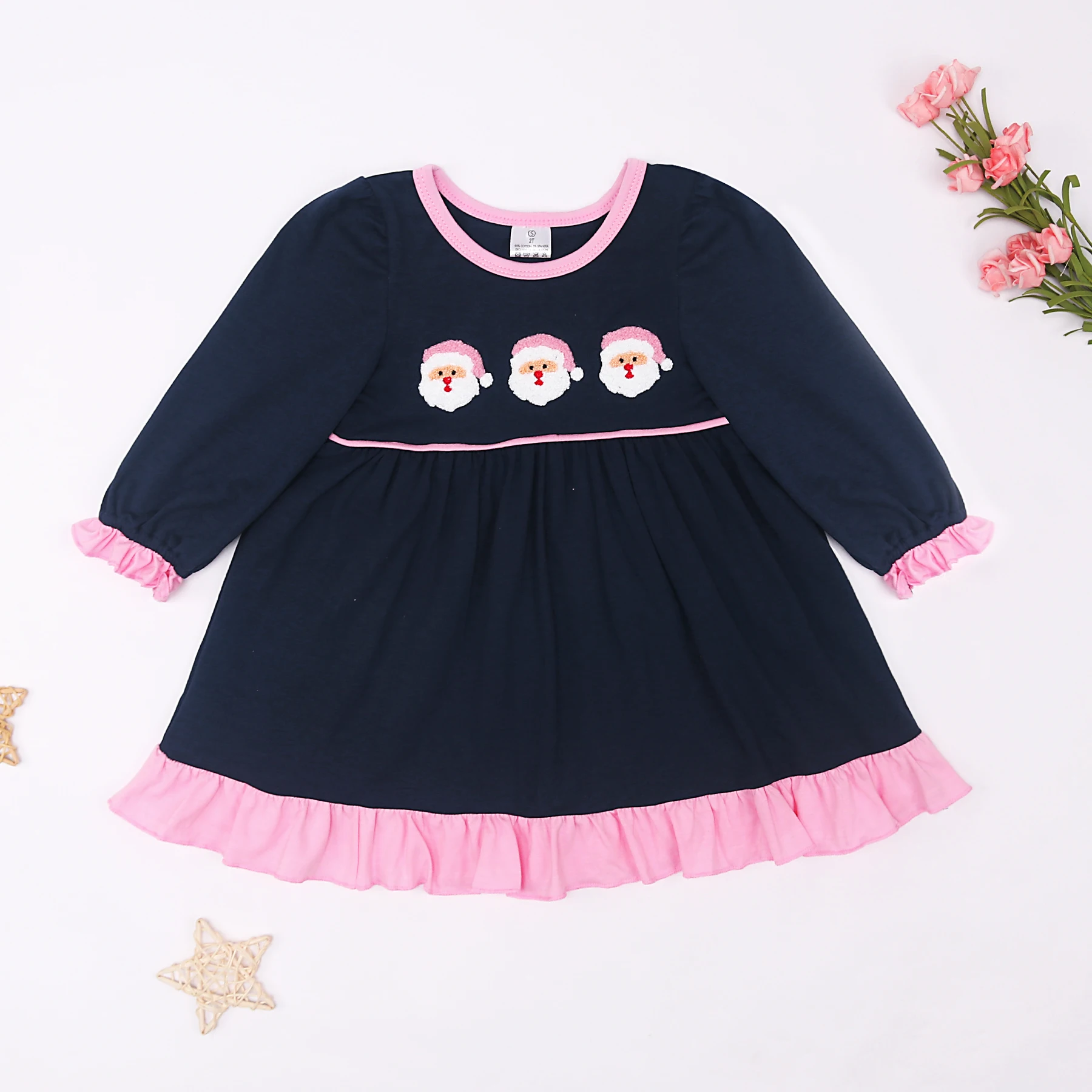 

RTS French Knot 1-8T Christmas Girl Dress Black Long Sleeve Skirt One-piece Party Clothes With Pattern Santa Embroidery Boutique