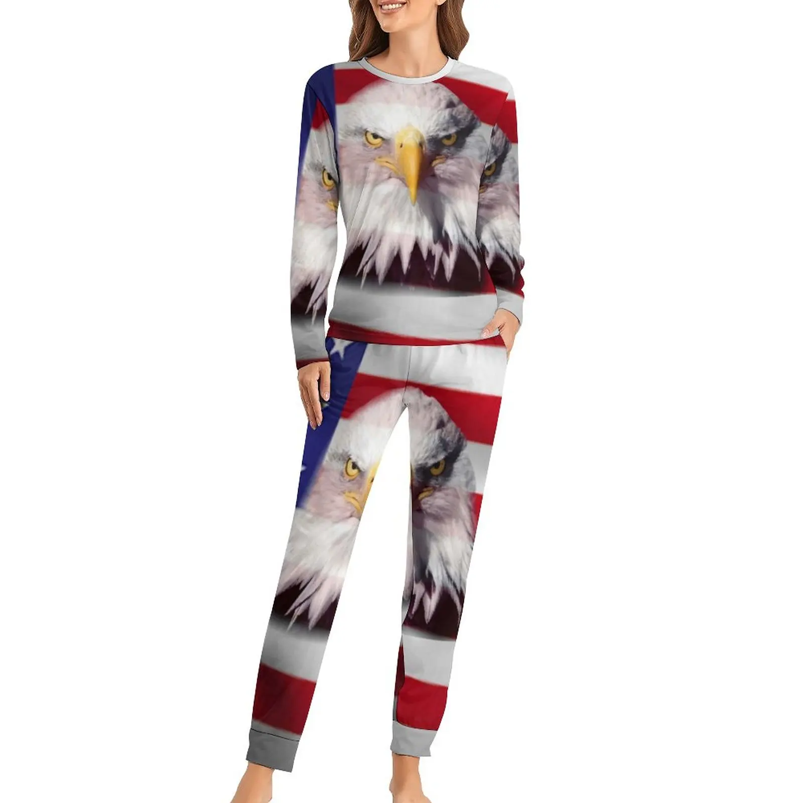 

Eagle America Pajamas Female Red And White Striped Star Print Soft Nightwear 2 Pieces Aesthetic Oversized Pajama Sets