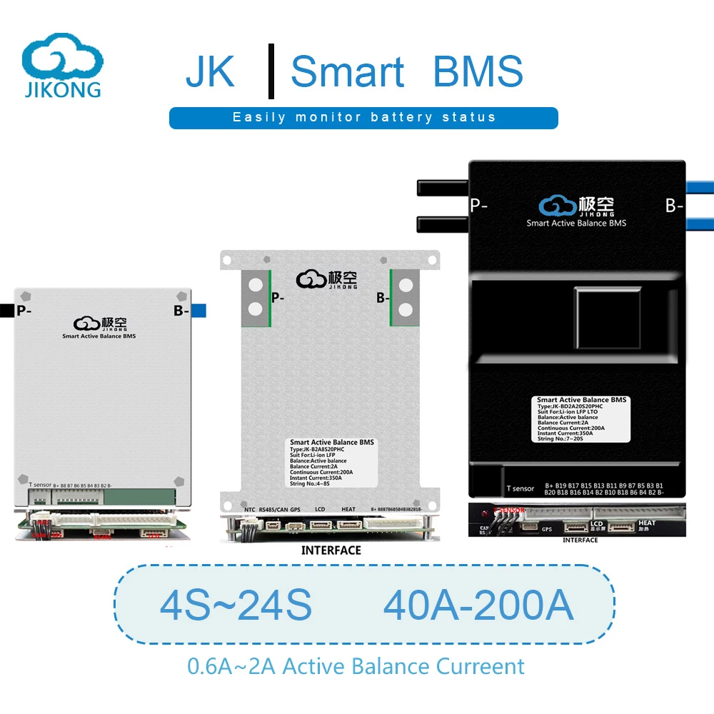 Литий-ионный аккумулятор JK BMS 1A Active Balance 10s 36v 8s 24v 13s 48v 16S 60V LiFePo4 LTO 18650 BT RS485 CAN 100A 200A JIKong Smart BMS