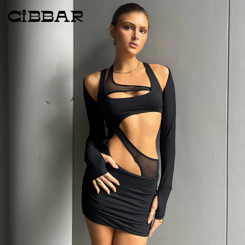 

Женское асимметричное платье с длинным рукавом CIBBAR, полуночные сексуальные сетчатые лоскутные платья в стиле High Street, шикарная облегающая ч...