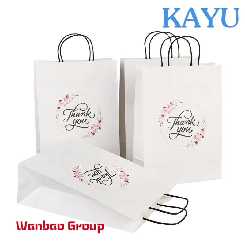 Wholesale customised size print logo fancy thank you white kraft paper bag special day wedding personalised gift bag with handle