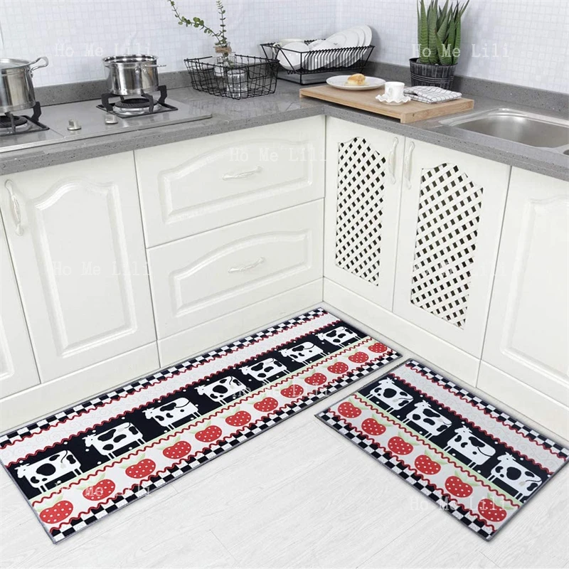 

Black And White Cow Strawberry Pattern Design Non Slip Flannel Kitchen Rugs Set With Non Skid Backing For Doorway Bathroom