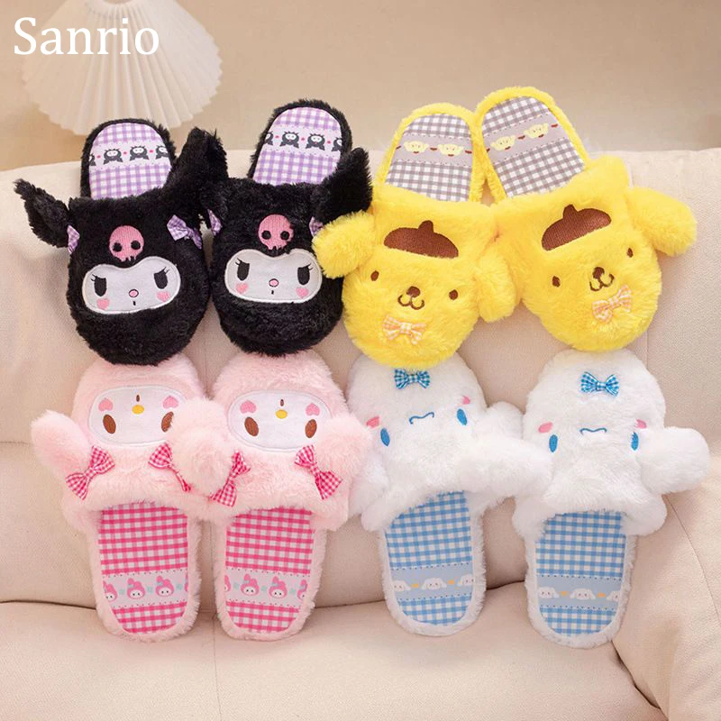 

Sanrio Cinnamoroll Симпатичные плюшевые тапочки My Melody Kuromi Мультфильм Плоская домашняя хлопковая обувь Pompompurin удобная женская обувь