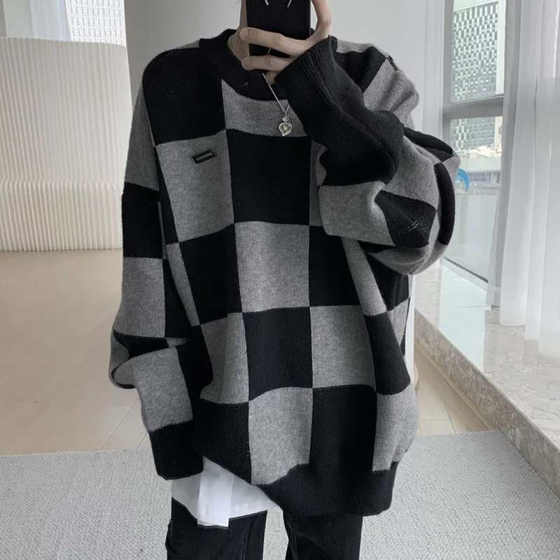 Men's Fashion O-neck Knitted Stitching Korean Sweater Clothing Spring and Autumn New Loose Warm Top Full Set of Casual Pullover