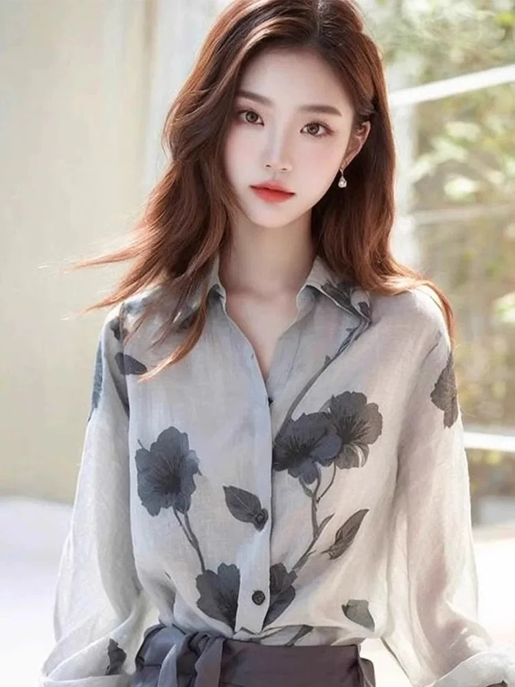 Early Autumn New Sle Temperament Top This Year Popular Unique Beautiful Small Shirt High Sense Linen Print Long sleeve Shir...